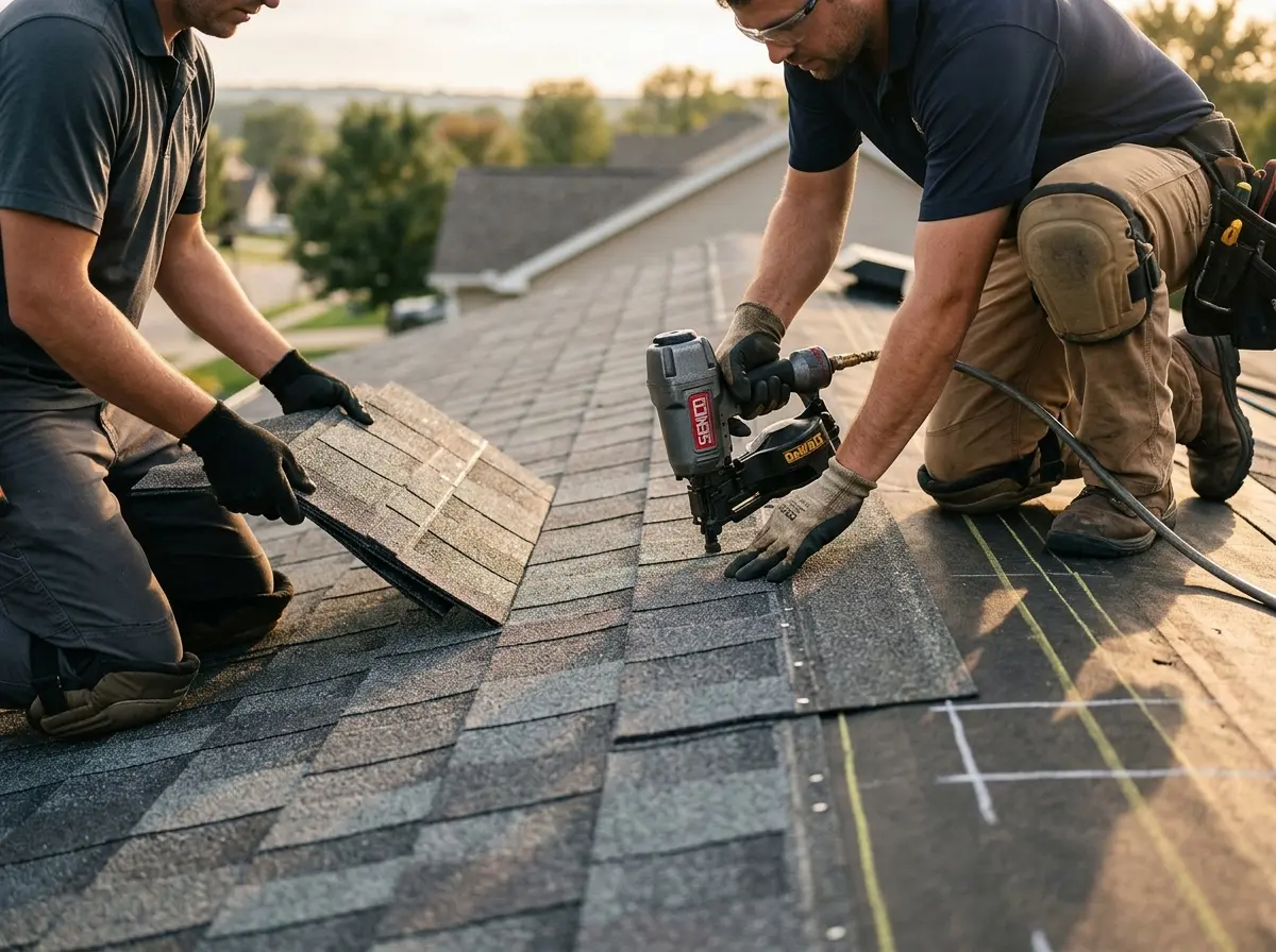 Professional roofer working on a residential roof in Honeygo